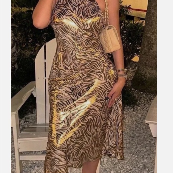 ZARA  FOIL ANIMAL PRINT MIDI HALTER OPEN BACK GOLD DRESS - Picture 16 of 16